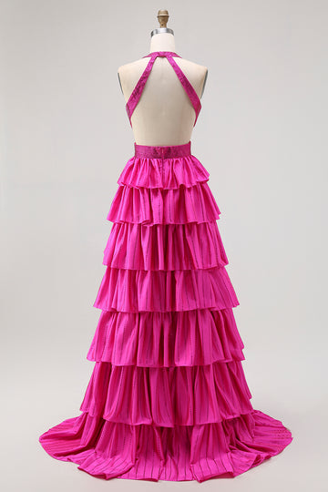 Fuchsia A Line Halter Open Back Tiered Cut Out Beaded Long Prom Dress